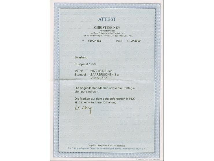 1950, Europarat 25 und 200 F., auf FDC von “SAARBRÜCKEN 3 8.8.50” nach Augsburg mit Ankunftsstempel, einwandfrei, Fotoattest 