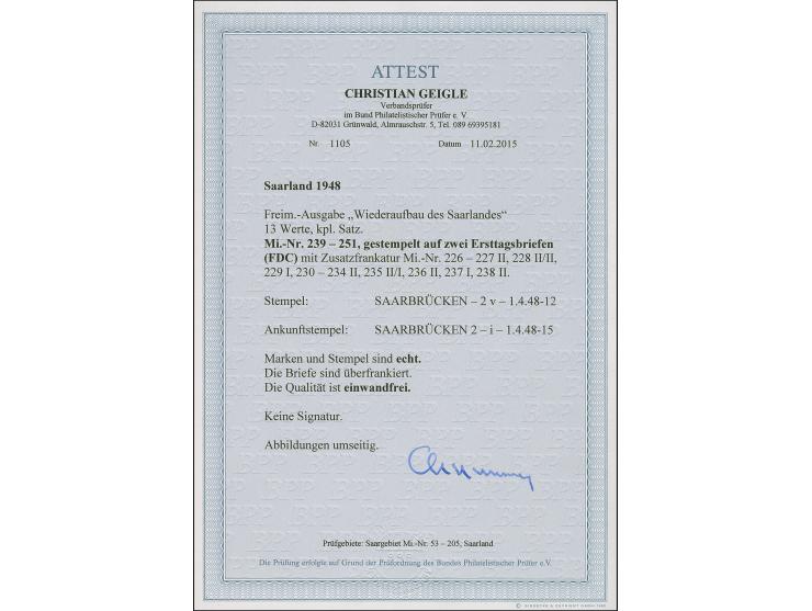 1948, Wiederaufbau des Saarlandes 10 C. – 50 Fr. kpl. auf zwei überfrankierten R-Ortbrief-FDC von „SAARBRÜCKEN 1.4.48“ je mit