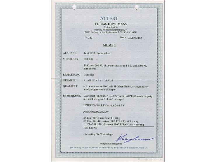 1923, Angliederung des Memelllandes an Litauen 50 Cent auf 300 Mark sowie 1 Litas auf 2000 Mark, sauber mit Stempel “KLAIPEDA