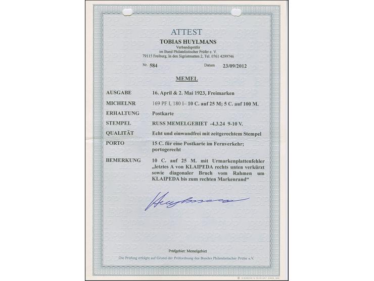 1923, Neue Währungsbezeichnung 10 Centu auf 25 &nbsp;Markiu, mit Urmarkenplattenfehler “letztes A von KLAIPEDA rechte unten v