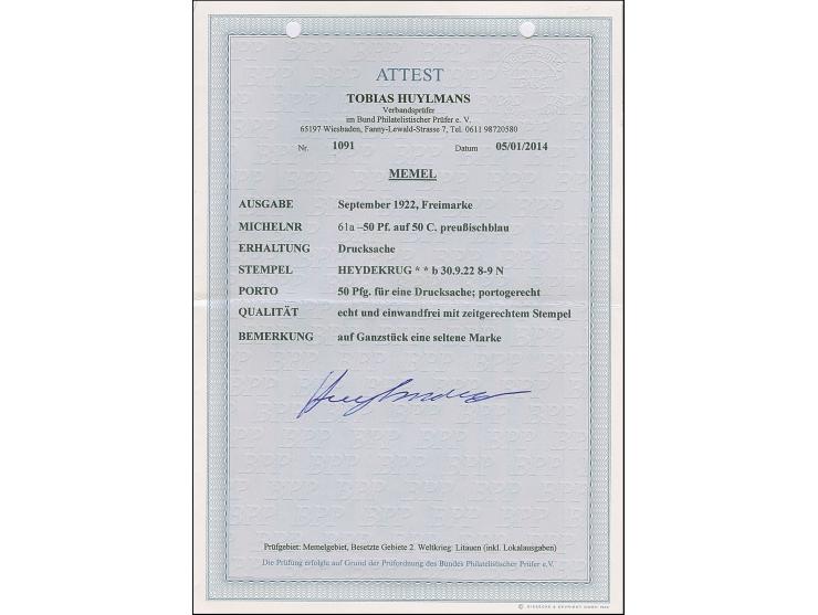 1922, 50 Pfennig auf 50 Centime preußischblau, sauber mit Stempel “HEYDEKRUG 30.9.22” auf portogerechter Drucksachenkarte nac