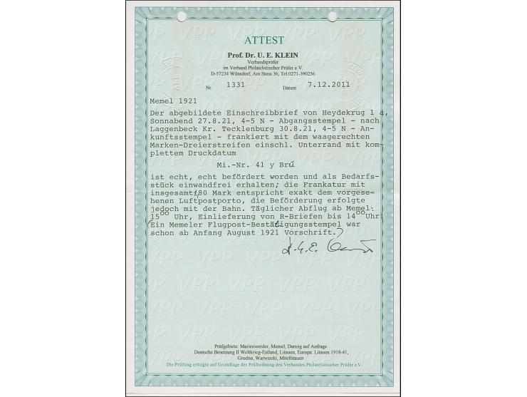 1921, 60 Pfennig auf 40 Centimes, waagerechter Dreierstreifen aus der linken unteren Bogenecke mit Druckdatum “R 102 32” sowi