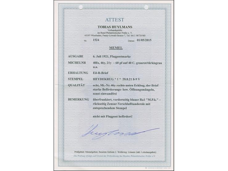 1921, 60 pfennig auf 40 Centimes auf GC-Papier, mit Zufrankatur mit Stempel “HEYDEKRUG 28.8.21” auf überfrankiertem, etwas lä