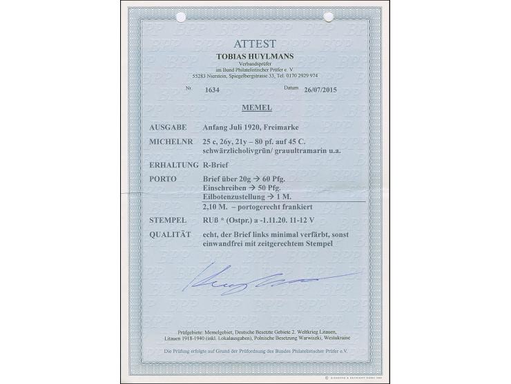 1920, 80 pfennig auf 45 Centime schwärzlicholivgrün mit Zufrankatur mit Stempel "Ruß -1.11.20" auf portogerechtem Eil-R-Brief