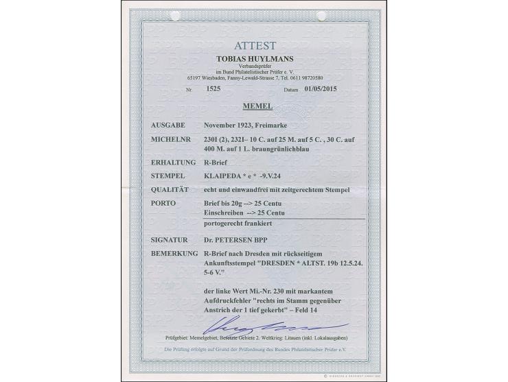 1923, 10 Centu auf 25 Mark auf 10 Centu grünlichblau, zwei Einzelmarken sowie 30 Centu auf 400 Mark auf 1 Litas, 1 Wert zu 10