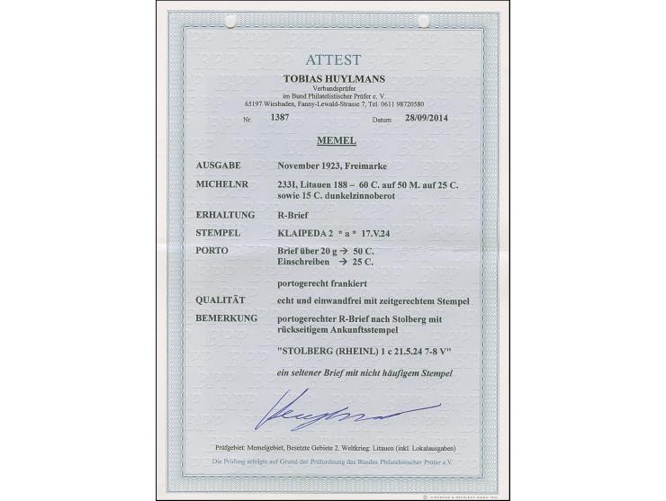 1923, 60 Centu auf 50 Mark auf 25 Centu dunkelzinnoberrot, sauber mit Stempel “KLAIPEDA 2 17.V.24” auf portogerechtem R-Brief