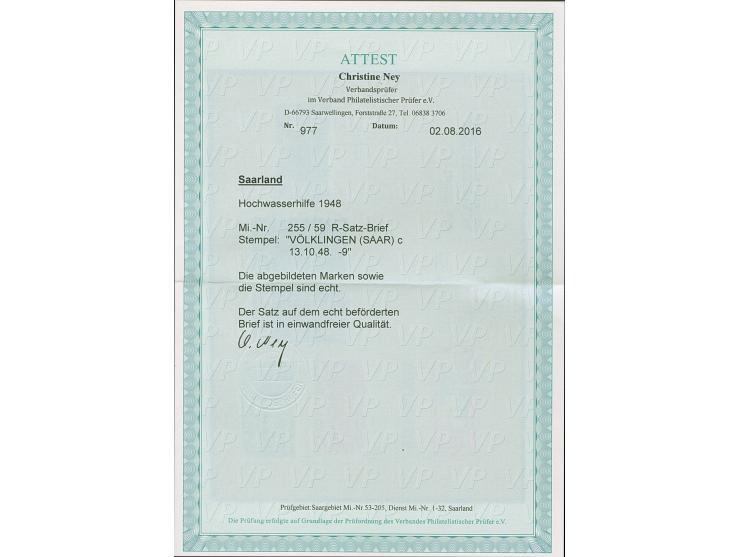 1948, Hochwasserhilfe 5-25 Fr. kpl. auf R-Ortsbrief von “VÖLKLINGEN (SAAR) c 13.10.48” nach Geislautern mit Ankunftsstempel, 