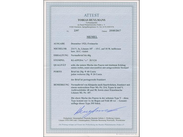 1923, 24-Werte 15 Centu auf 10 Mark braun, senkrechtes Paar in der Typenkombination V/Ie von den Feldern 48 bzw 48, zusammen 