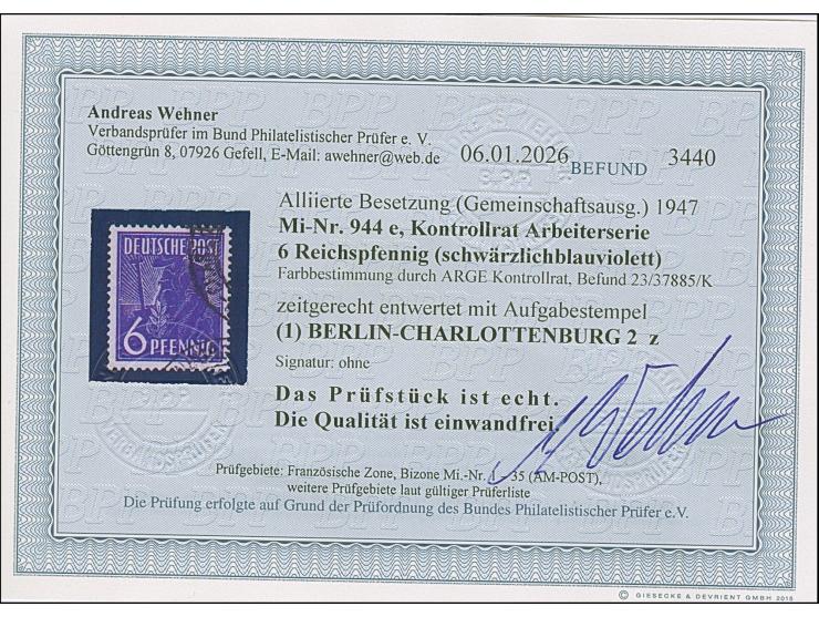 1946, Arbeiter 6 Pfg. schwärzlichblauviolett, gestempelt “BERLIN - CHARLOTTENBURG 2 z”, tadellos, eine gestempelt sehr selten