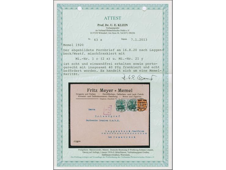 1920, Germania 5 Pfennig schwärzlichbläulichgrün, waagerechtes Paar, mit Zufrankatur mit Stempel “MEMEL 6.8.20” auf portogere