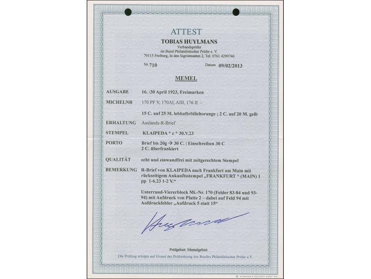 1923, 15 Centu auf 25 Mark, Unterrand-Viererblock von den Druckfeldern 83-84 und 93-94, Feld 94 mit Aufdruckfehler “Aufdruck 