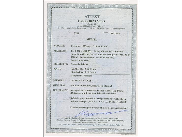 1923, Grünaufdruck 15 Cent auf 50 Mark dunkelockerbraun mit Zufrankatur mit u.a. 24-Werte 30 Centu auf 1000 Mark mit Stempel 