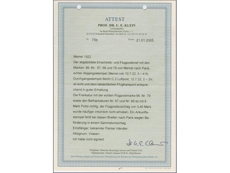 1922, Flugpost 3 M. auf 60 Centime mit Zufrankatur mit Stempel “MEMEL 10.7.22” auf portogerechtem Luftpost-R-Brief nach Paris