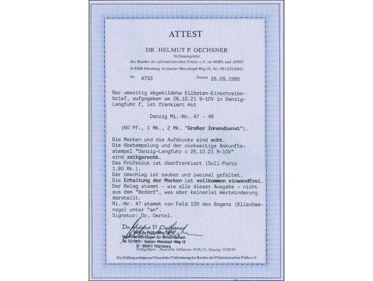 1920, Großer Innendienst 60 Pfennig - 2 Mark, je farbfrisch und sauber mit Stempel “DANZIG LANGFUHR f 26.10.21” auf überfrank