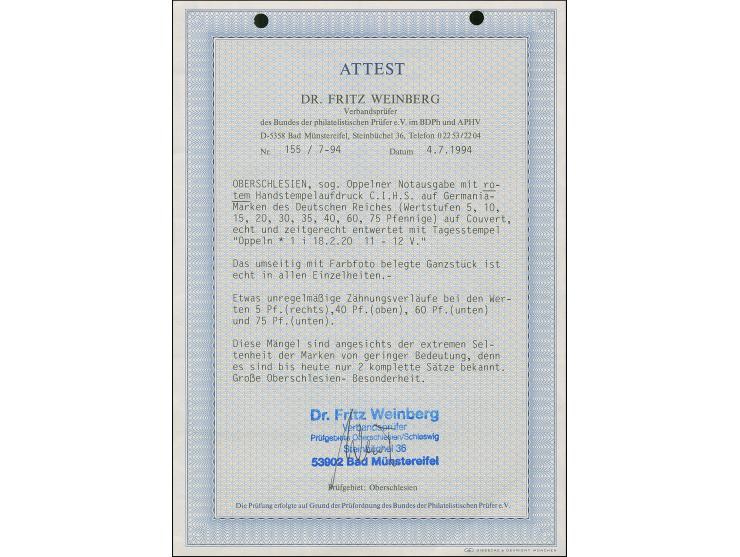 Handstempel in rot: Germania 5-40 Pfennig sowie 60 und 75 Pfennig, jeder Wert einzeln sauber gestempelt “OPPELN 18.2.20” auf 