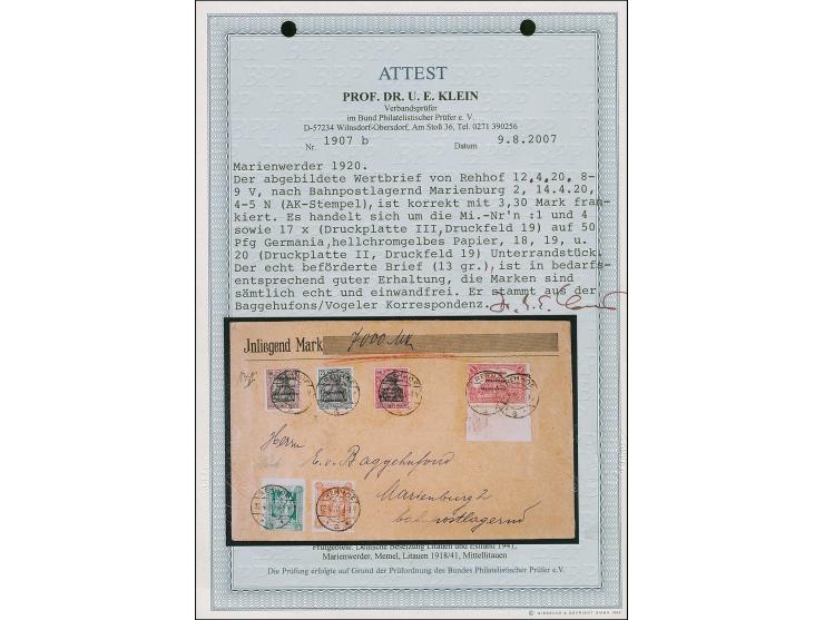 1920, Germania 50 Pfennig auf mittelchromgelb, Feld 19, mit Zufrankatur, je farbfrisch und meist gut gezähnt, sauber mit Stem