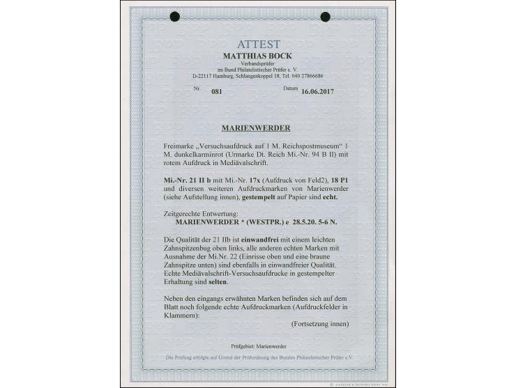 1920, Versuchsaufdrucke: 1 Mark karmin mit Mediävalaufdruck in rot, zusammen mit u.a. Germania 50 Pfennig, rotem Probeaufdruc