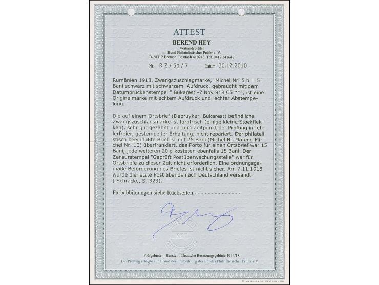 1918, 5 Bani mit schwarzem Aufdruck, mit Zufrankatur Germania 10 Pfennig rot und 15 Pfennig violett, sauber mit Stempel “BUKA