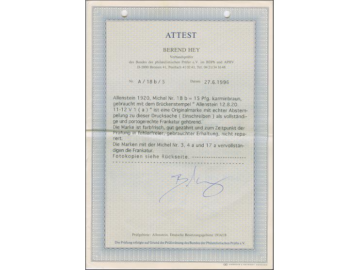 1920, Aufdruckausgabe im Hochoval 15 Pfennig karminbraun mit Zufrankatur mit Stempel “ALLENSTEIN 12.8.20” auf eingeschriebene