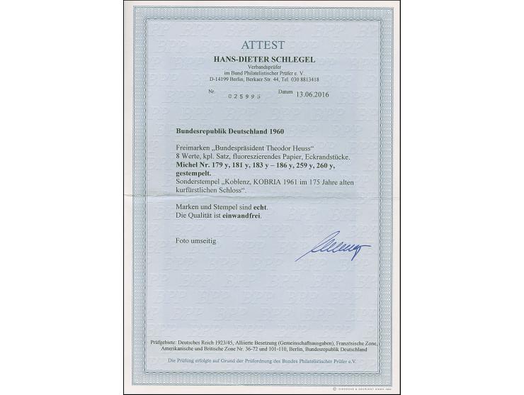 1960, Lumogen 5-40 Pfg., kpl. einheitlich rechte obere Bogenecke, je sauber mit Sonderstempel “KOBLENZ KOBRIA 1961”, tadellos