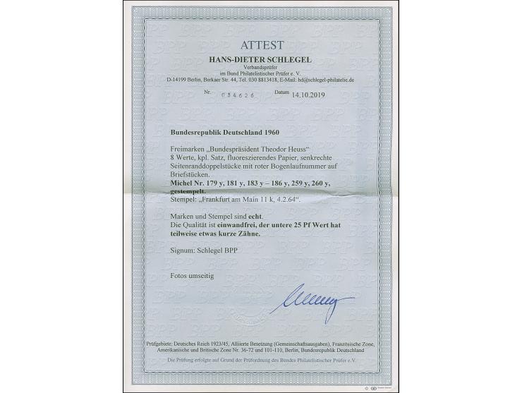 1960, Lumogen 5-40 Pfg., einheitlich in senkrechten Seitenrandpaaren mit roter Bogenlaufnummer, sauber gestempelt “FRANKFURT 