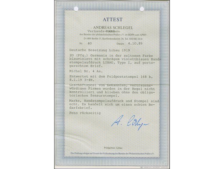 1919, Aufdrucktype I: Germania 20 Pfennig kobalt, farbfrisch und gut gezähnt, sauber mit Stempel “Deutsche Feldpost * 168 b -