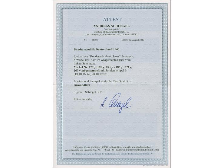 1960, Lumogen 5-40 Pfg., kpl. einheitlich in waagerechten Seitenrandpaaren, sauber mit Sonderstempel “BERLIN 62 28.10.1962”, 