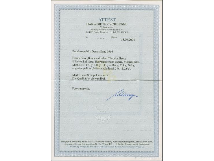 Lumogen, 5-40 Pfg., kpl. in 4er-Blocks, je sauber zentrisch gestempelt “MÖNCHENGLADBACH 13.7.61”, ungefaltet, tadellos, Fotoa