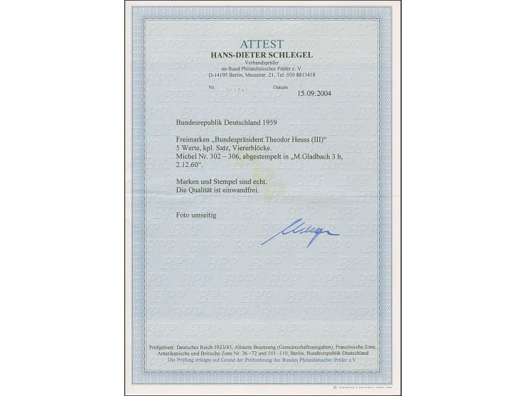 1959, Heuss Medallion 7-70 Pfg., kpl. in 4er-Blocks, 40 Pfg. mit Unterrand bzw. die übrigen mit Oberrand, sauber gestempelt “