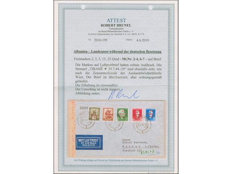 1943, 2-5 Qind und 15-25 Qind, sauber mit Stempel “TIRANE 29.7.44” auf überfrankiertem Luftpostbrief nach Werdau in Sachsen, 