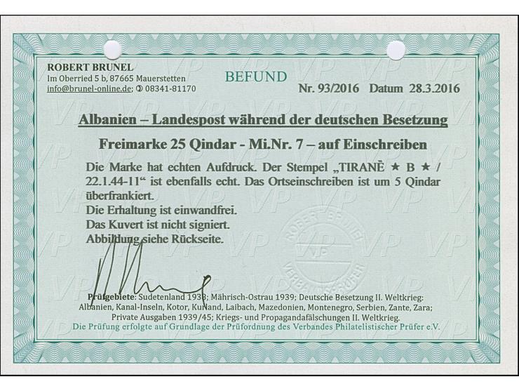 1943, 25 Qind, sauber mit Stempel “TIRANE 22.1.44” auf überfrankiertem, eingeschriebenen Orts-Vordruckbrief der “BANCA NAZION