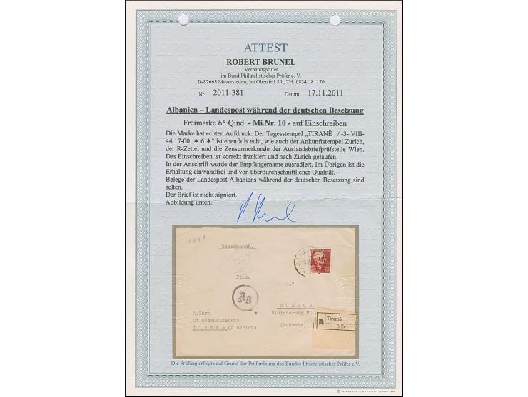 1943, 65 Qind, sauber mit Stempel “TIRANE -3- VIII-44” auf R-Brief, abgesandt von der Deutschen Gesandschaft in Tirana, neben