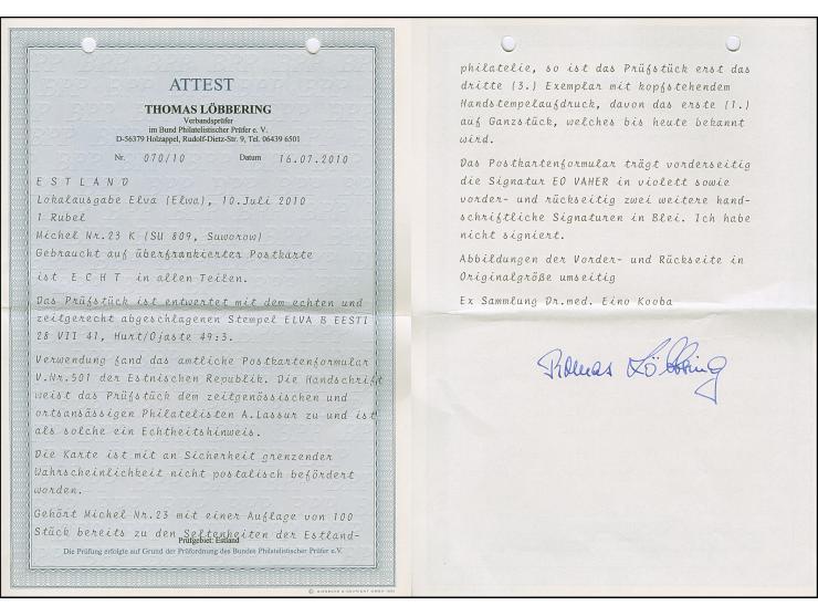 Suworow 1 Rubel mit kopfstehendem Aufdruck mit Stempel "ELVA B 28 VII 41" auf Postkartenformular, adressiert an den ortsansäs