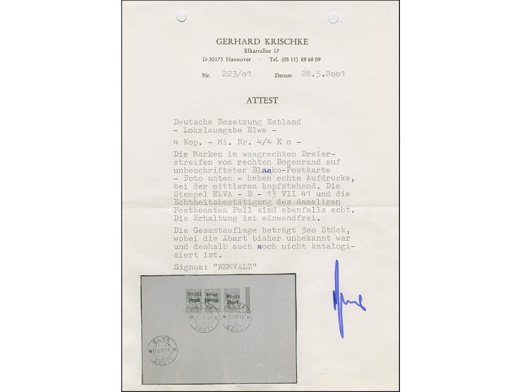 1941, 4 Kopeken, waagerechter Dreierstreifen mit rechtem Seitenrand, die mittlere Marke mit kopfstehendem Aufdruck, sauber mi