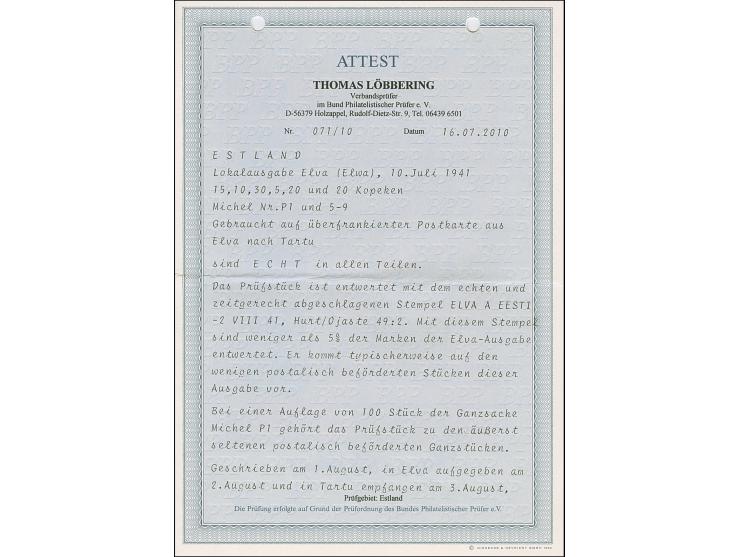Ganszachenkarte 20 Kopeken mit 5-30 Kopeken als Zufrankatur, sauber ab “ELVA -2 VIII 41” nach Tartu mit vorderseitigem Ankunf