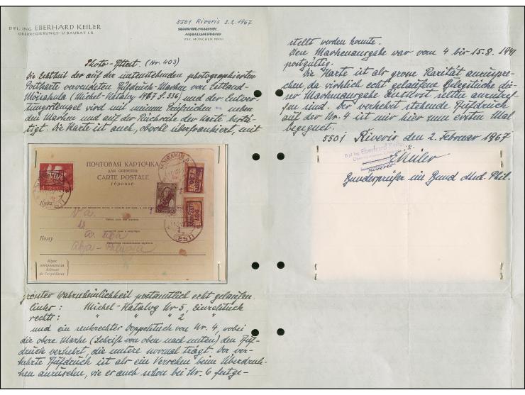 1941, 1,20 auf 1 Kopek orange, senkrechtes Kehrdruckpaar, zusammen mit 1,20 auf 3 S. orange und 20 Kopeken grün, mit Stempel 