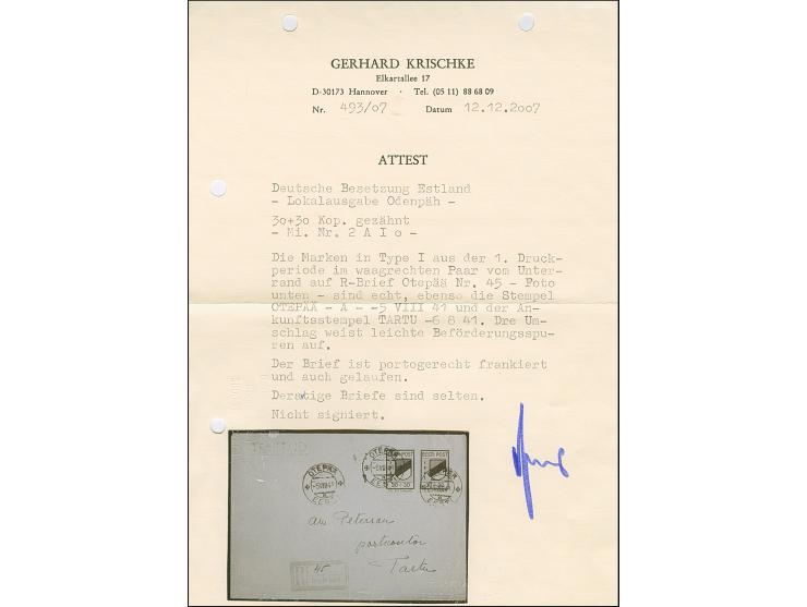 1941, Wappenschild 30 Kopeken, gezähnt, Type I, waagerechtes Unterrandpaar, sauber mit auf- und nebengesetztem Stempel “OTEPÄ