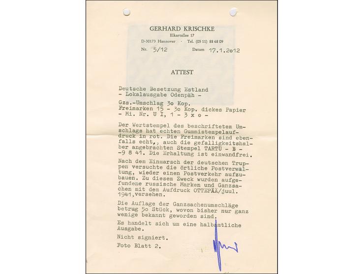Ganzsachenumschlag Arbeiter 30 K. mit rotem Handstempelaufdruck "OTEPÄÄ 10. juul. 1941", nebengeklebt, Landespost 15-30 Kopek