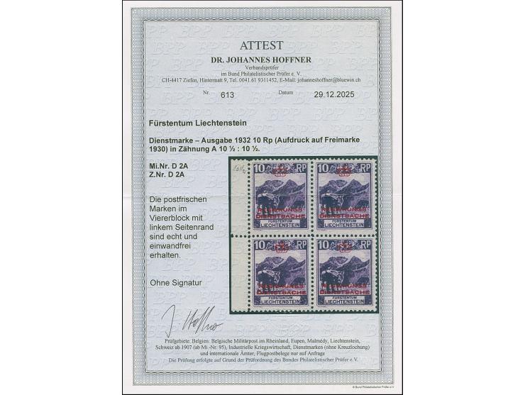 1932, 10 Rp. gez. 10½:10½, Viererblock vom linken Bogenrand, postfrisch, tadellos. Unsigniert, Fotoattest Hoffner BPP (2025)