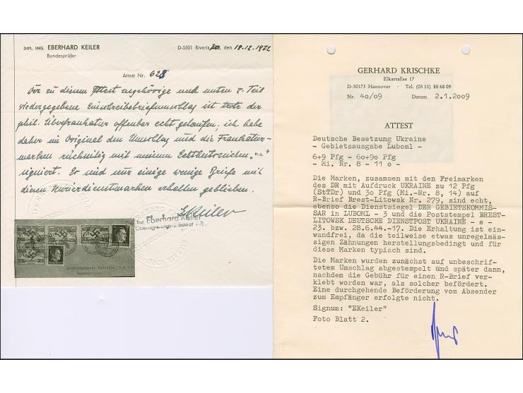 1944, Luboml 6-60 Pfennig mit Dienstsiegelentwertung zusammen mit Ostland Hitler 12 und 30 Pfennig mit Stempel “BREST-LITWOSK