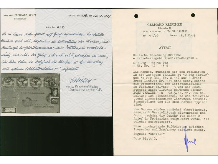 1944, Wladimir-Wolynsk 6-60 Pfennig mit Dienstsiegelentwertung zusammen mit Ostland Hitler 12 und 30 Pfennig mit Stempel “BRE