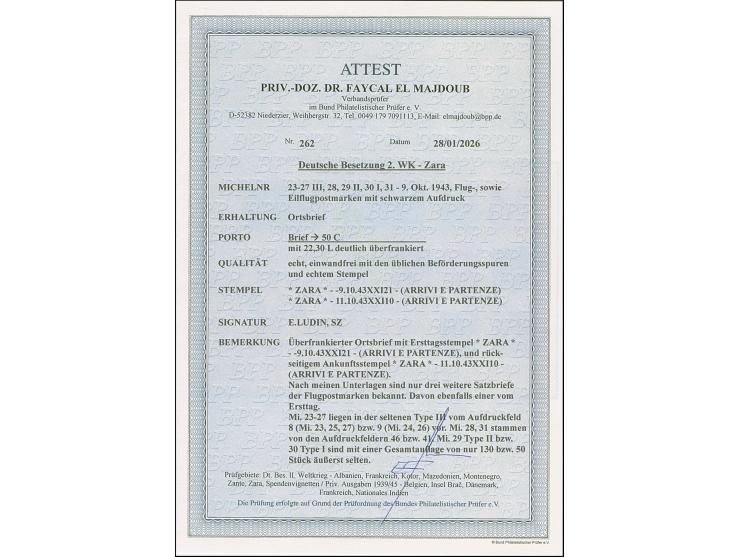 1943, Flugpost 25 Centesimi - 10 Lire, je farbfrisch und gut gezähnt, sauber mit Stempel “ZARA ARRIVE E PARTENZE -9.10.43” au