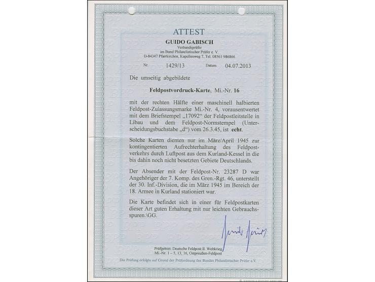 1945, Kurland-Halbierung, rechte Hälfte, vorausentwertet mit Briefstempel auf Feldpostkarte mit Normstempel "FELDPOST d 26.3.