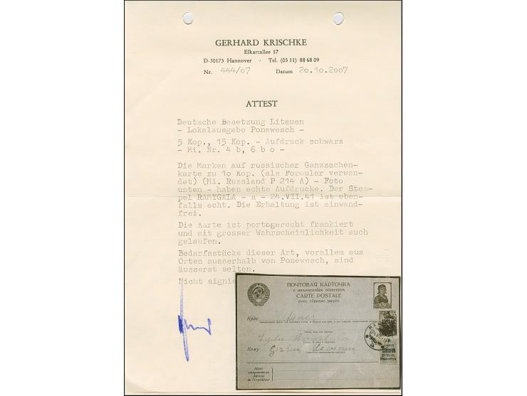 1941, 5 und 15 Kopeken, je mit schwarzem Aufdruck, sauber mit Stempel “RAMYGALA 24 VII 41” auf als Formular verwendeter Ganzs