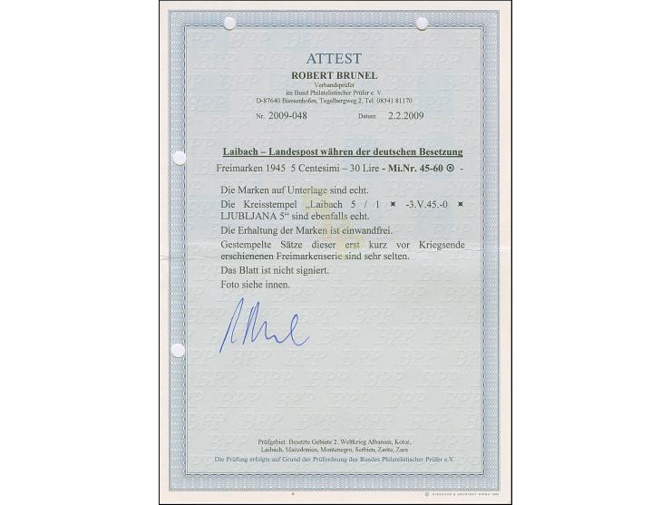 1945, Ansichten aus Slowenien 5 Centesimi - 30 Lire, sauber mit Stempel “LAIBACH -3.V.45” auf Blanko-Seite, tadellos, diese k