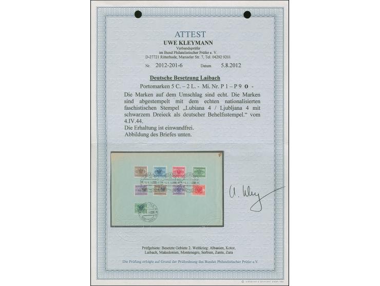 1944, 5 Centesimi - 2 Lire, sauber mit Stempel “LUBIANA -4.4.44” auf Blanko-Umschlag, tadellos, Fotoattest Kleymann BPP (2012