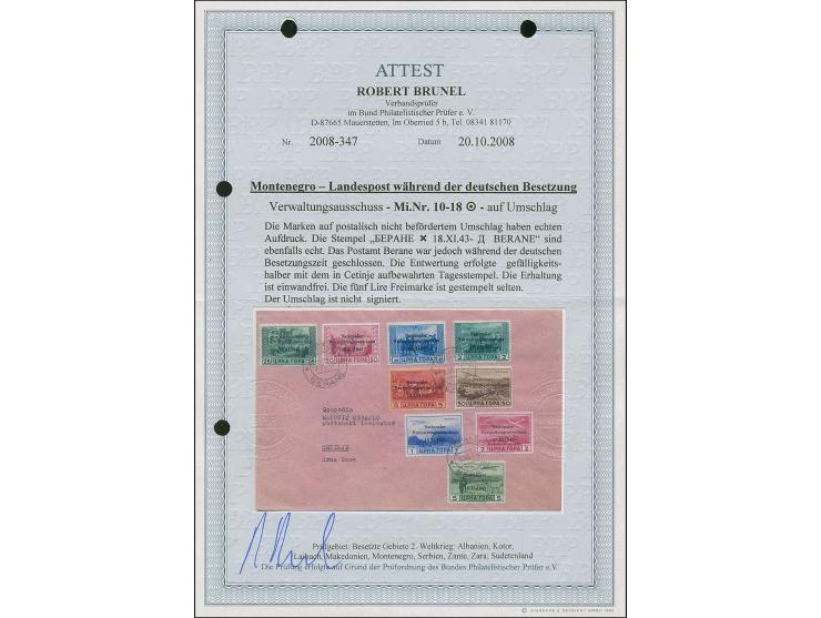 1943, Verwaltungsausschuss 25 Centesimi - 5 Lire, sauber mit Stempel “BERAN 18.XI.43” auf nach Cetinje adressiertem Umschlag 