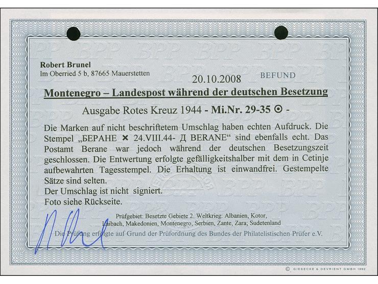 1944, Rotes Kreuz 0,15+0,85 auf 25&nbsp;Centesimi&nbsp;– 0,50+2 auf 2 Lire, sauber mit Stempel “BERANE 24.VIII.44” auf Blanko