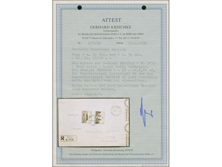 1941, Flugpost &nbsp;3 auf 20 Dinar und 6 auf 30 Dinar, sauber mit auf- und nebengesetztem Stempel “BEOGRAD -4.X.41” auf Orts