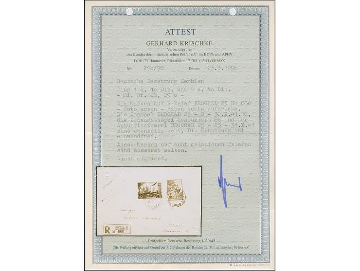 1941, Flugpost 1 auf 10 Dinar und 8 auf 40 Dinar, sauber mit auf- und nebengesetztem Stempel “BEOGRAD 30.X.41” auf Orts-R-Bri
